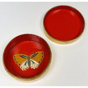 VTG 4" Round Gold Lidded TRINKET BOX w/ Handpainted Butterfly Interior Red EUC
